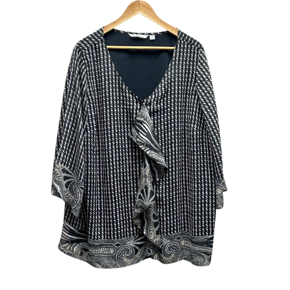 Isaac Mizrahi Live 3X‎ Black Paisley Ruffle Stretch Blouse Button Up Top